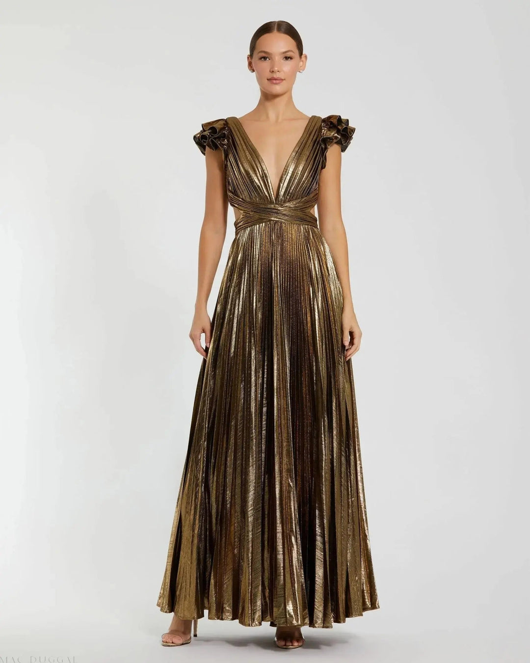Mac Duggal 27166 Ruffle Sleeve Cutout Pleated Metallic Gown