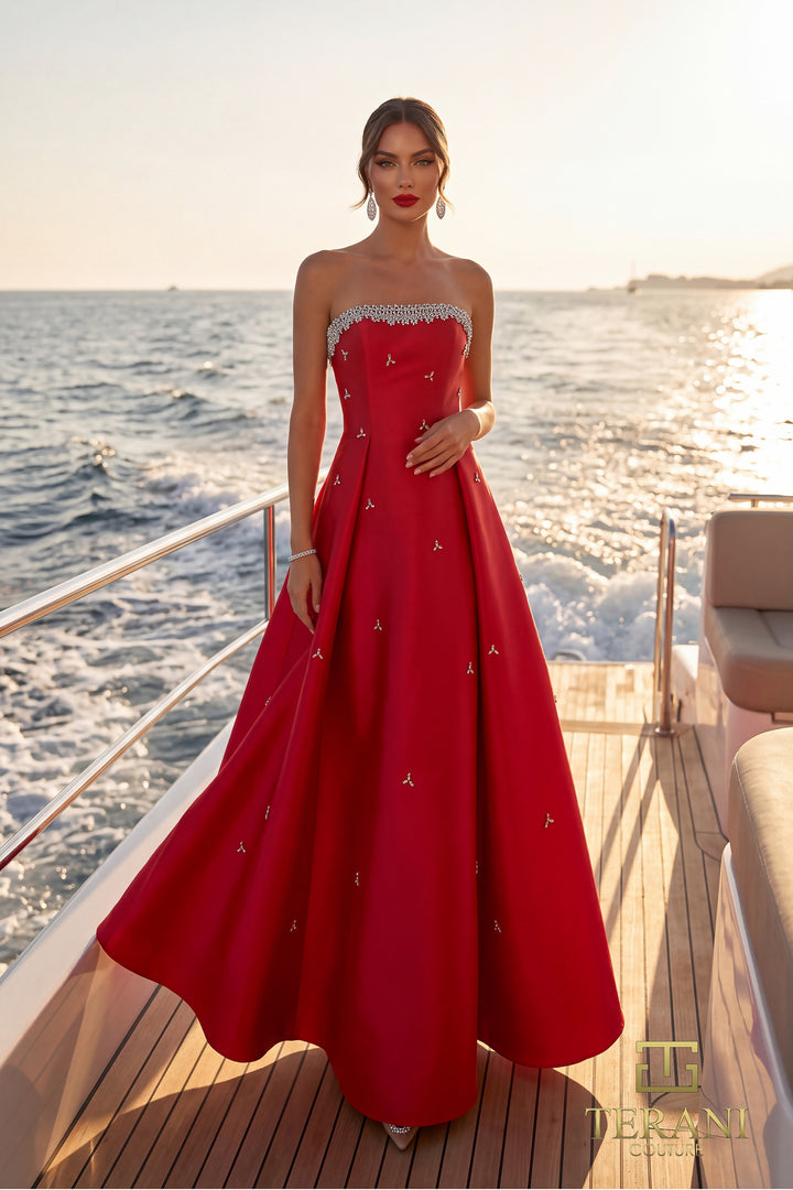 Terani 271E8077 strapless beaded scallop box pleat ball gown evening dress front view