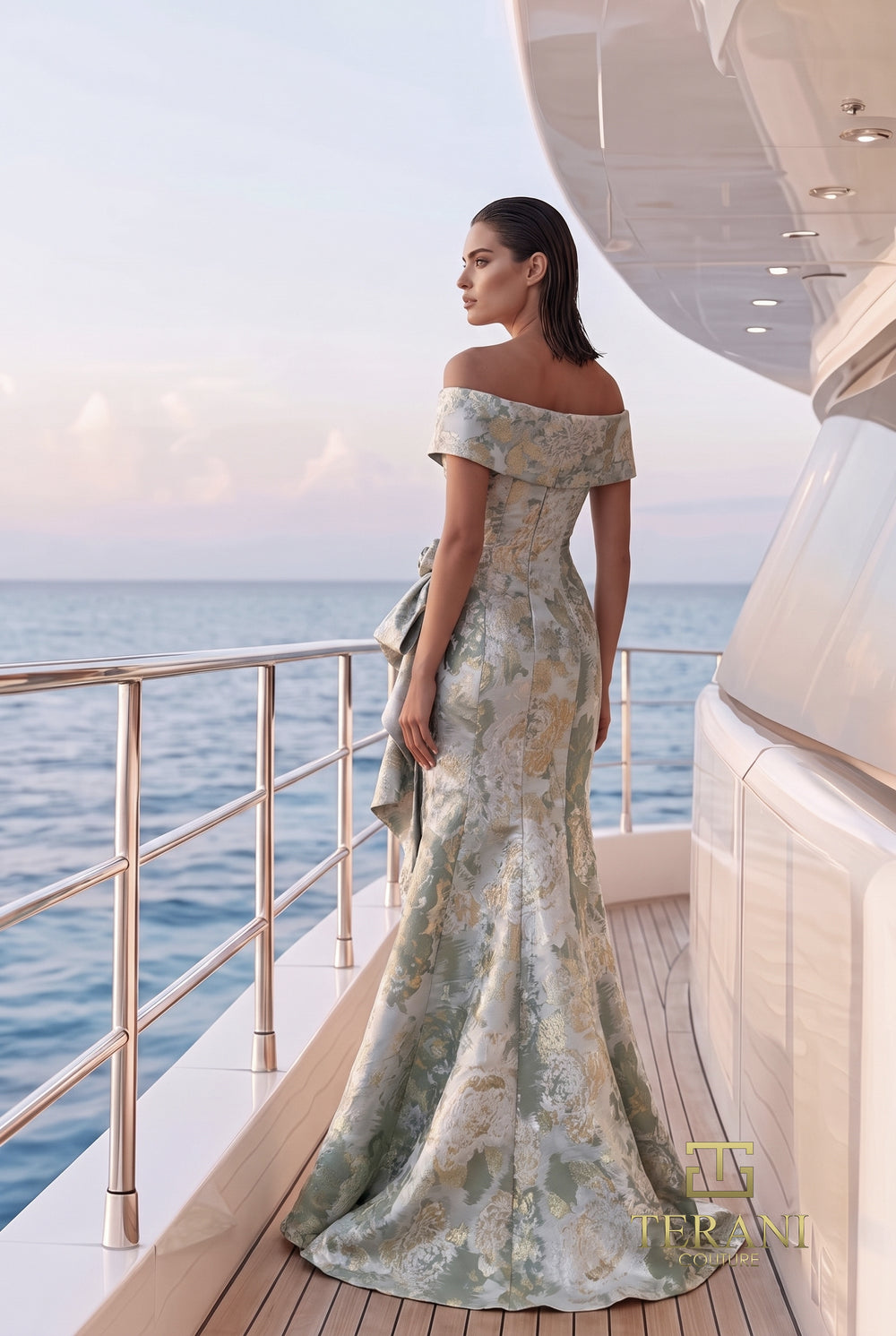 Terani 271M8440 off-the-shoulder portrait band rosette knot trumpet gown three-quarter front view