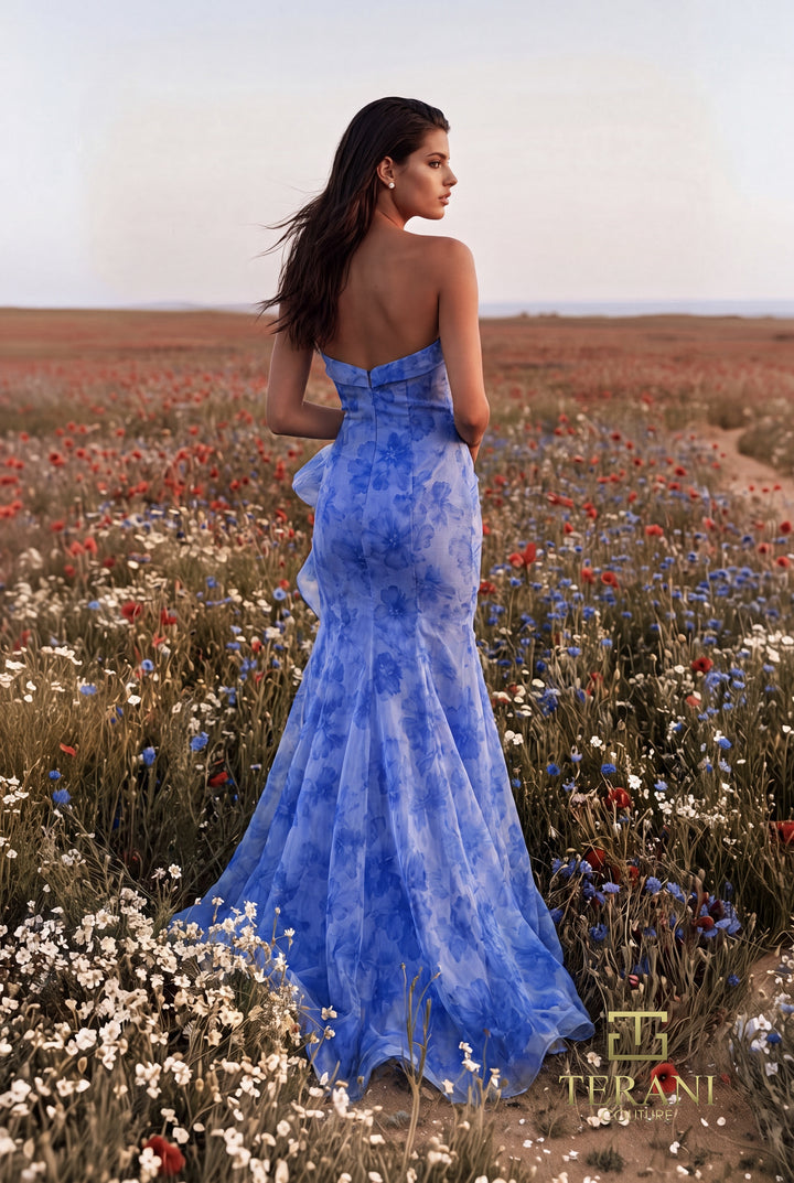 Terani 271P8021 strapless printed sash wrap column prom dress three-quarter back view