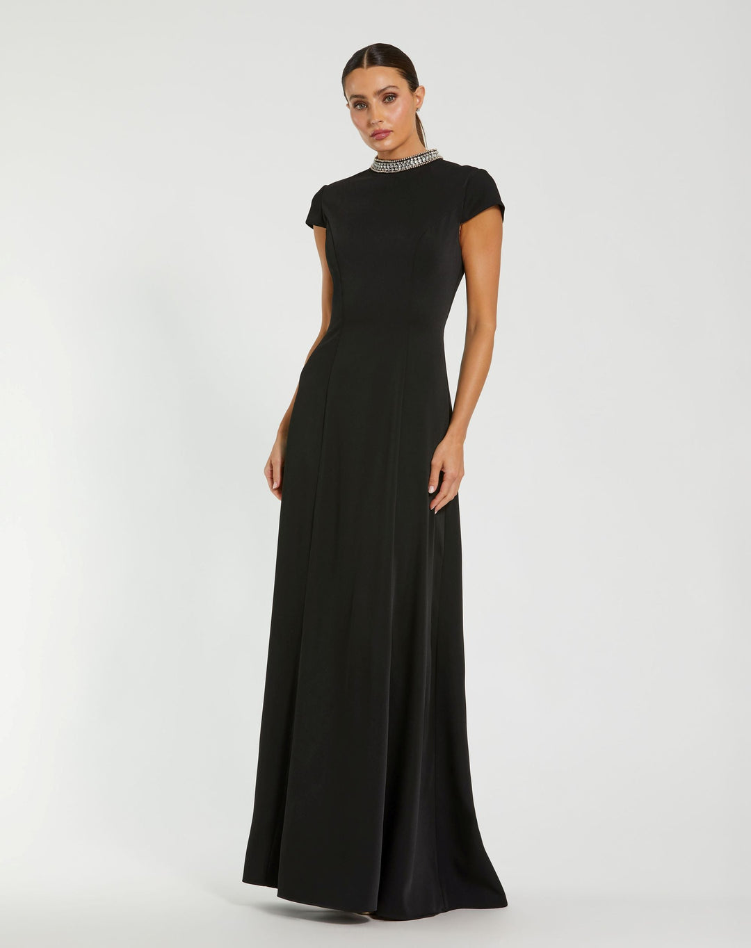 Mac Duggal 27564 Black Cap Sleeve Gown with Embellished Neckline