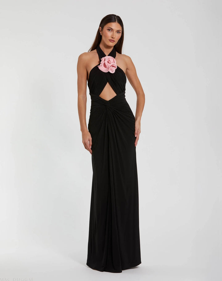 Mac Duggal 27572 Black Jersey Crossover Halter Neck Gown With 3D Flower