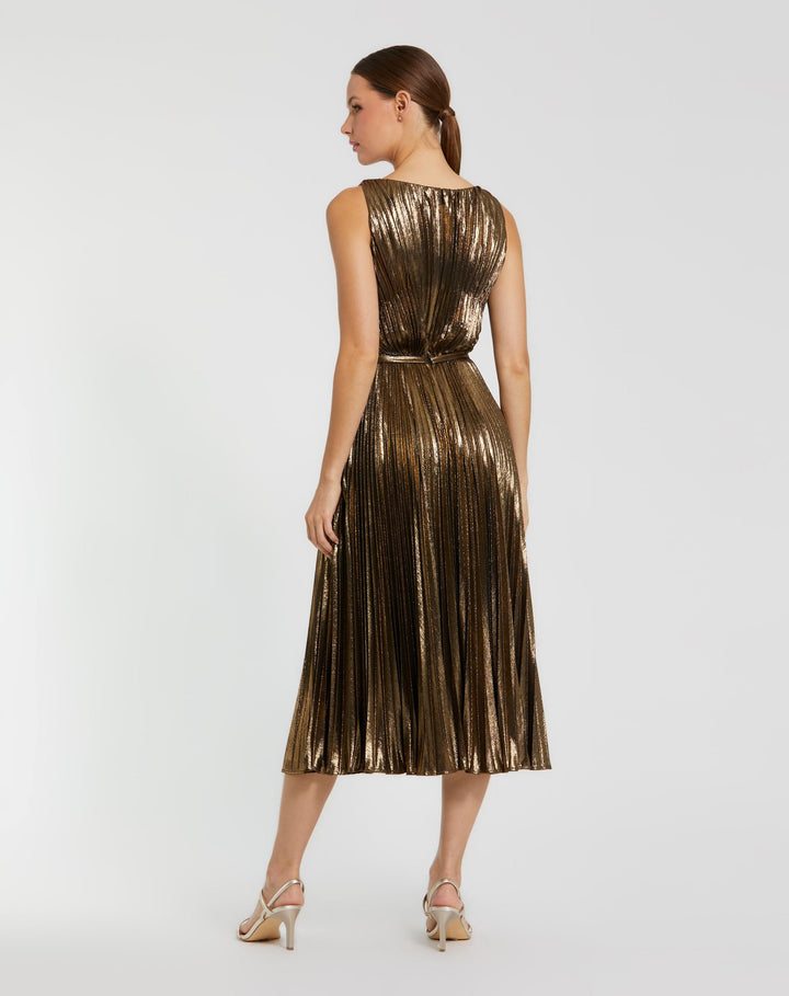 Mac Duggal 27611 Gold Metallic Pleated High Neck Midi Dress