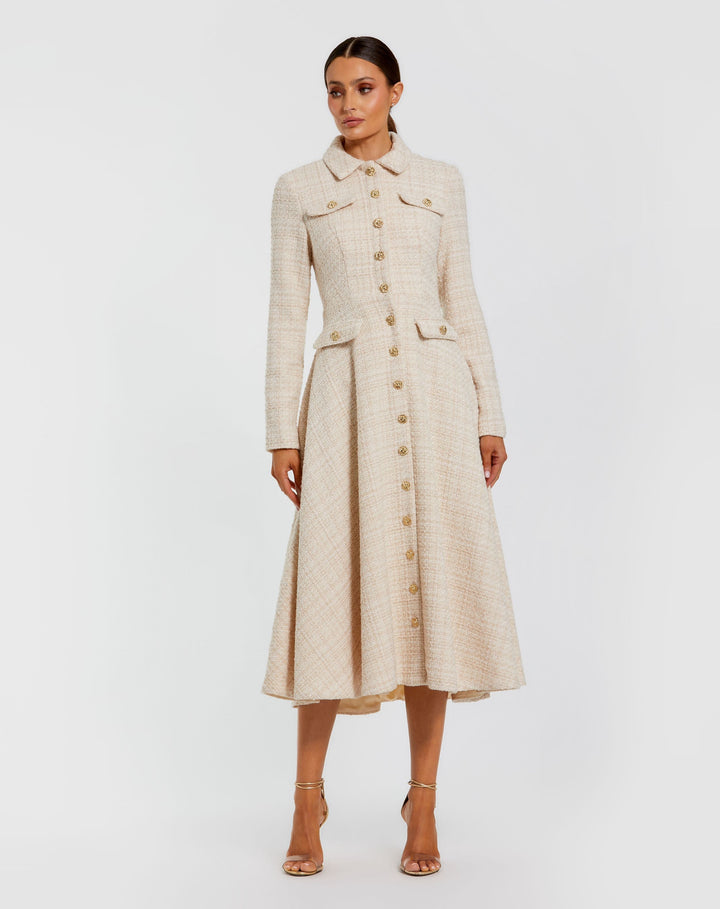 Mac Duggal 27684 Boucle Button Front Long Sleeve Midi Dress