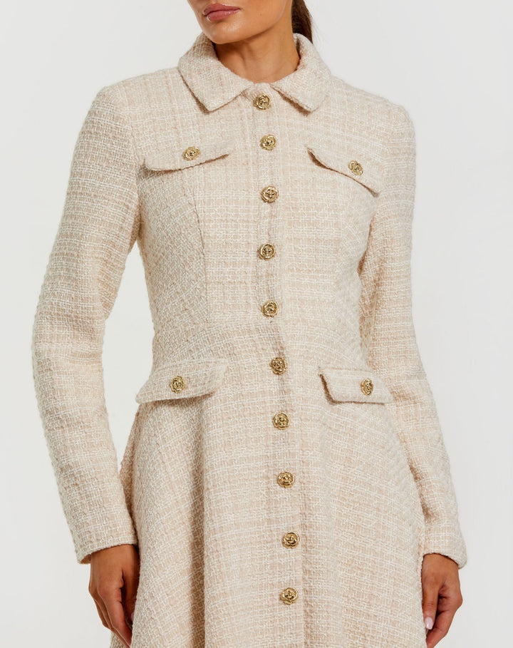 Mac Duggal 27684 Boucle Button Front Long Sleeve Midi Dress