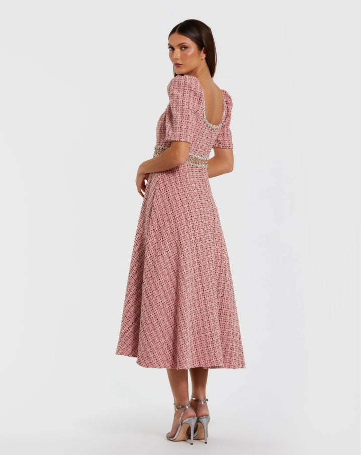 Mac Duggal 27687 Pink Puff Sleeve Boucle Midi Dress With Beaded Belt