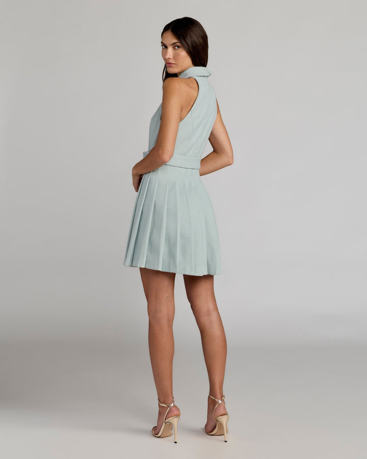 Blue Pleated A Line Mini Dress with Pearl Button Detail - FOSTANI.com