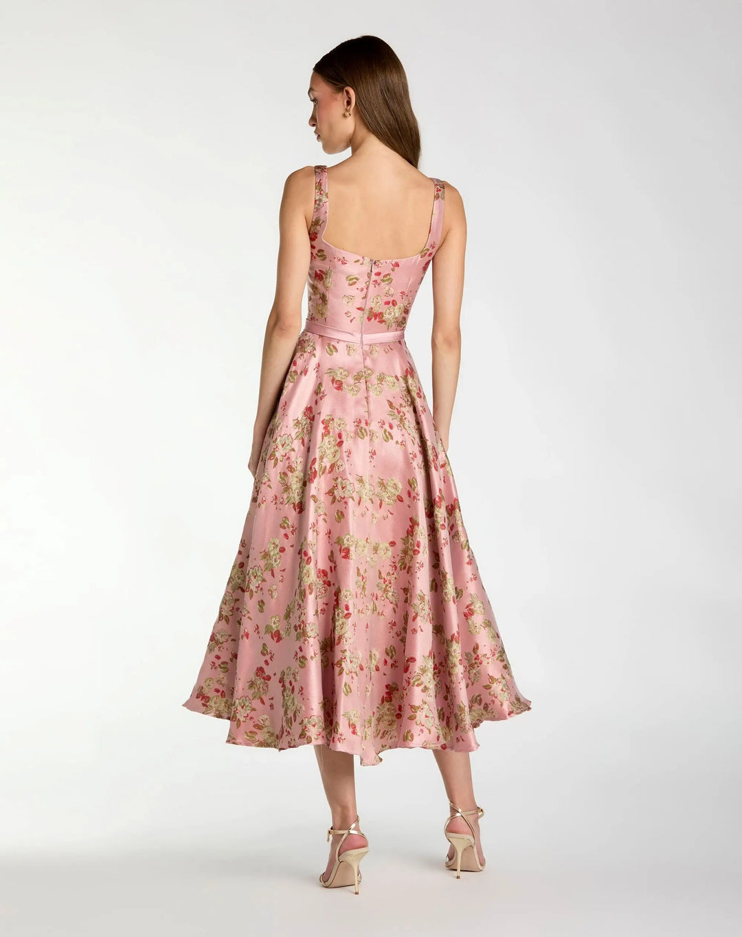 Pink Sleeveless Brocade A Line Midi Dress - FOSTANI.com