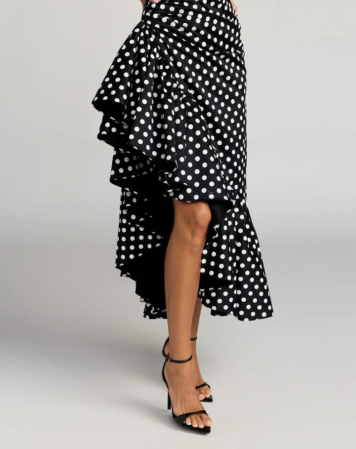 Black Sleeveless Polka Dot Midi Dress With Ruffled Hem - FOSTANI.com