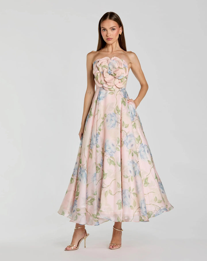 Pink Strapless Floral Organza Midi Dress With Flower - FOSTANI.com