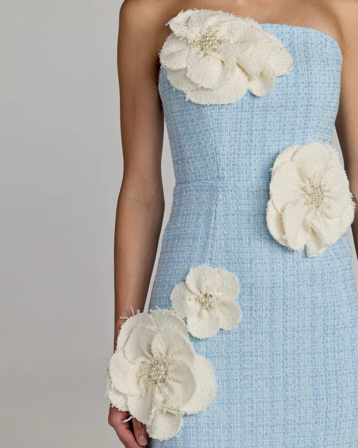 Blue Boucle Strapless 3D Floral Midi Dress - FOSTANI.com