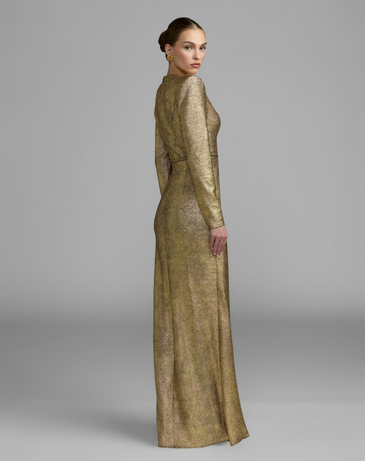 Mac Duggal 27853 Metallic Long Sleeve Structured Bow Draped Gown