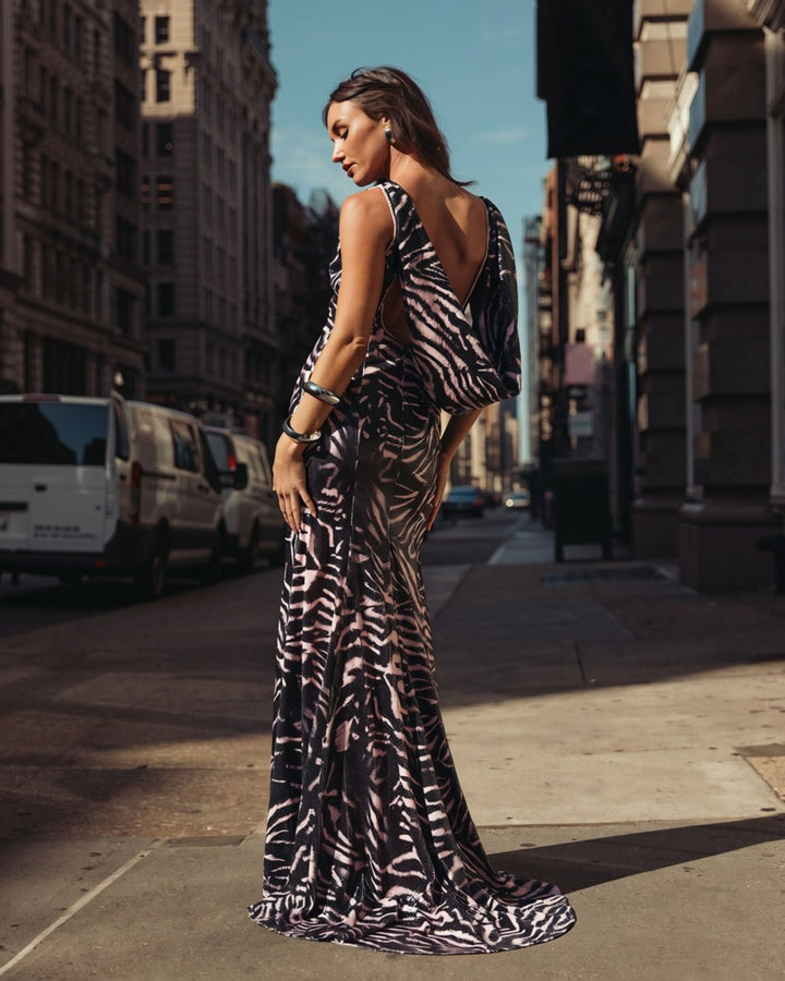 Mac Duggal 27860 and Tiger Print Cowl Back Sequin Gown