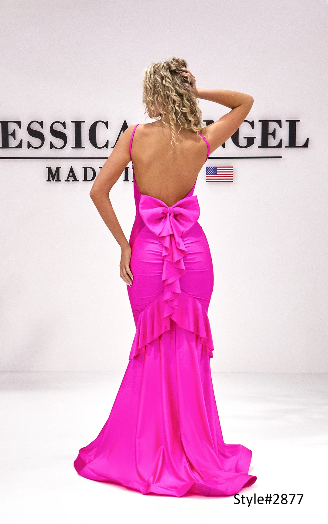 Jessica Angel 2877 bow ruffle back mermaid gown back view 2