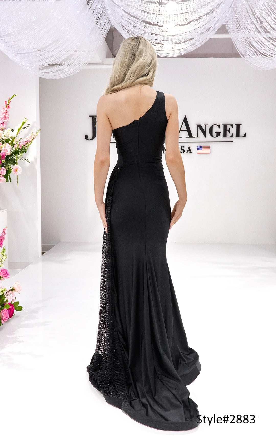 Jessica Angel 2883 one shoulder mesh gown back view 2