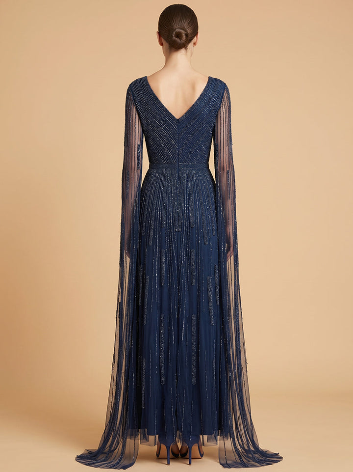 Lara 28835 V-Neck Beaded Dress with Long Cape Sleeves