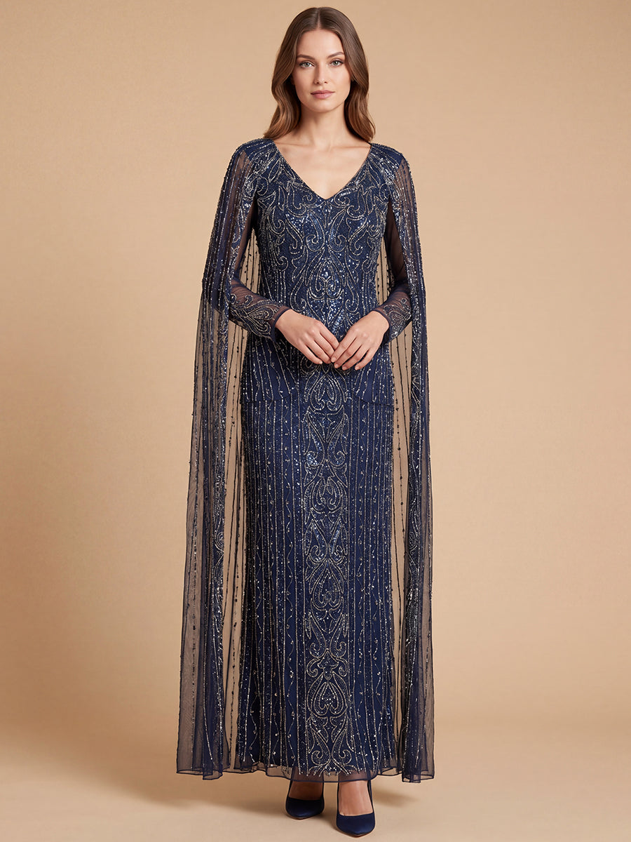 Lara 28838 V-Neck Linear Beaded Dress with Long Cape