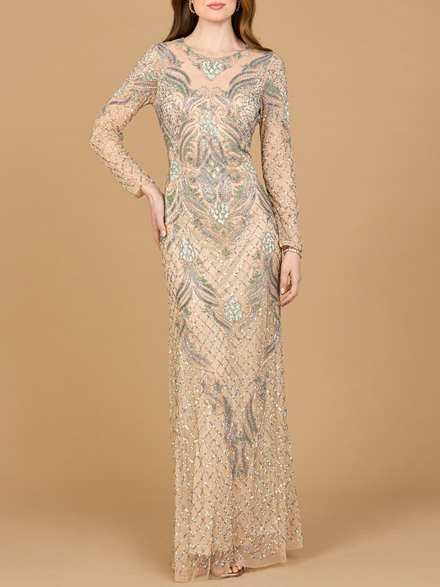 Lara 28895 fitted long sleeve beaded gown, front view