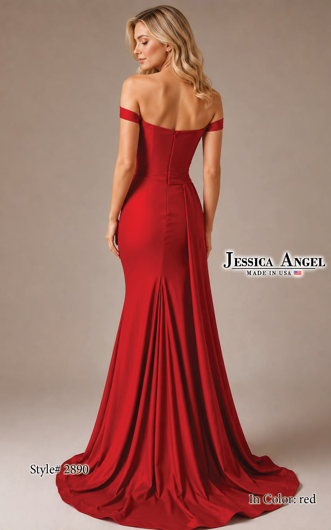 Jessica Angel 2890 off shoulder ruched gown back view 3
