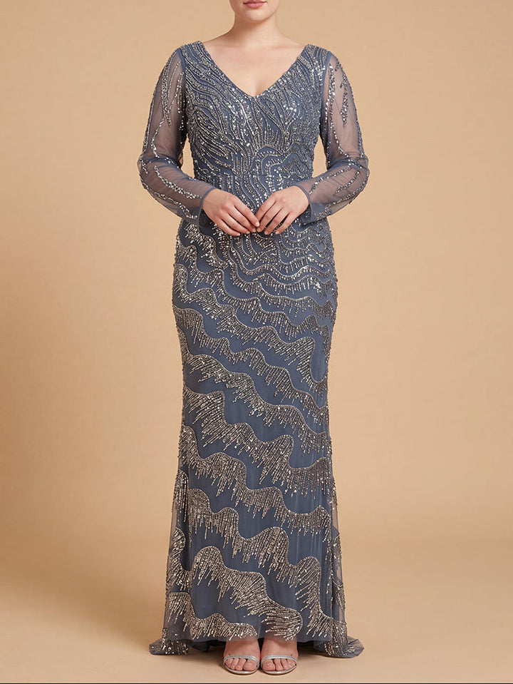 Lara 28949 long sleeve V-neck beaded sheath dress - front