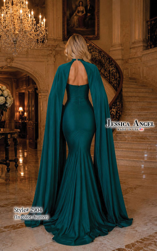 Jessica Angel 2904 strapless mermaid gown with cape back view