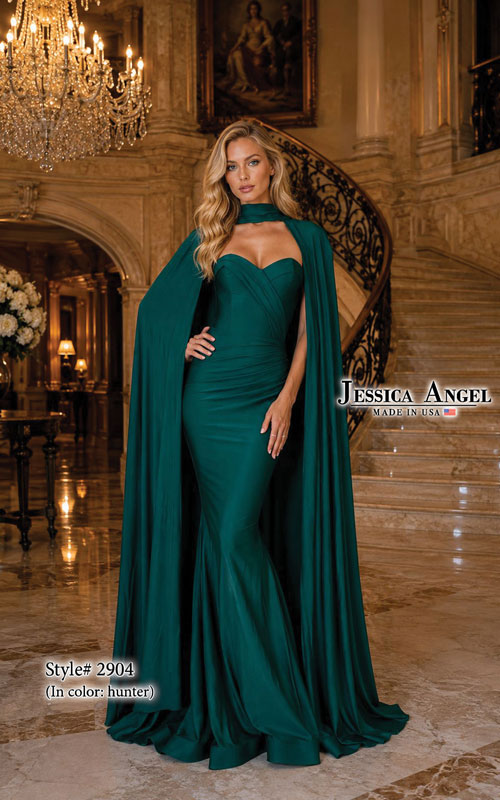Jessica Angel 2904 strapless mermaid gown with cape front view