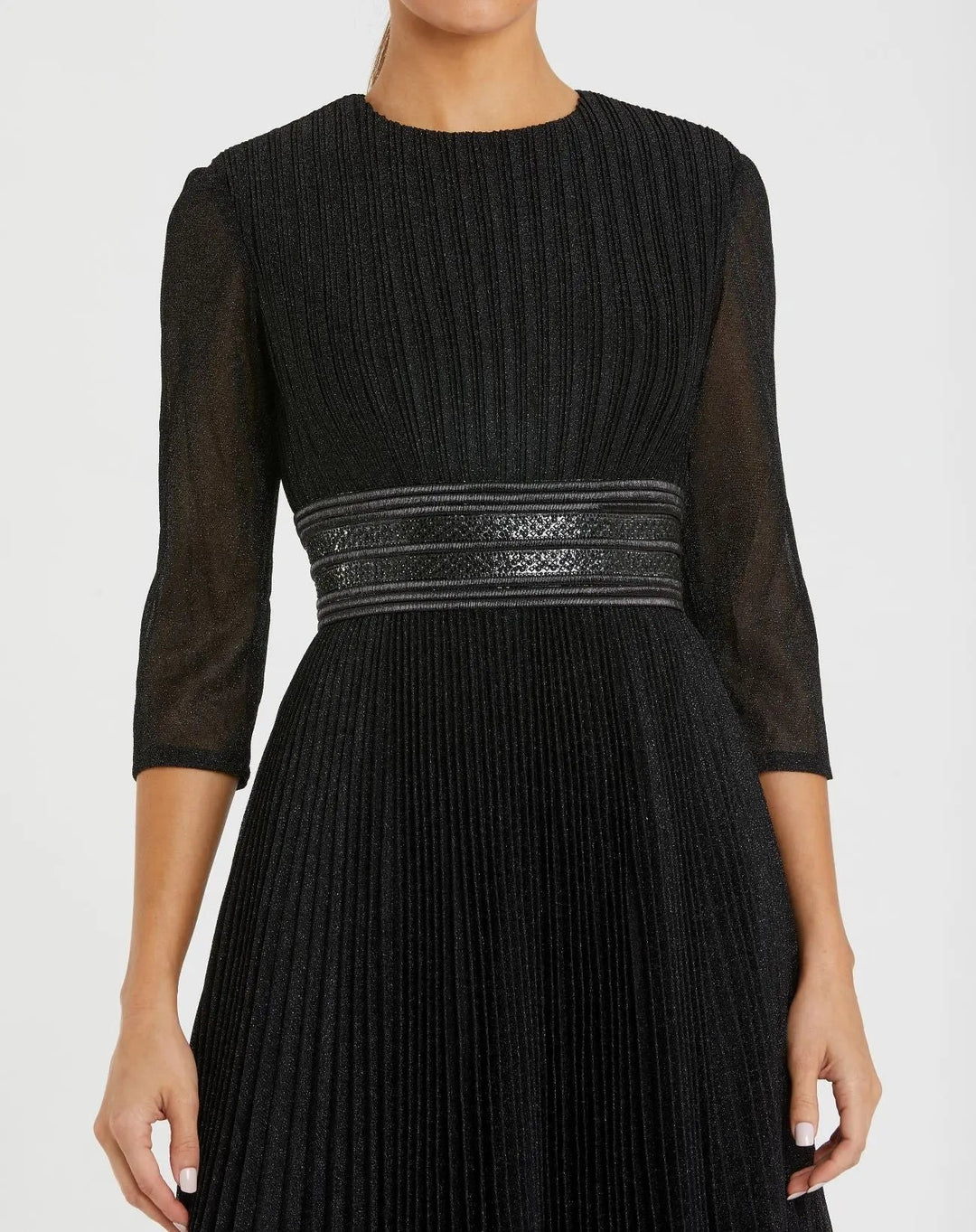 Mac Duggal 30750 Black Shimmering 3/4 Sleeve A-Line Midi Dress