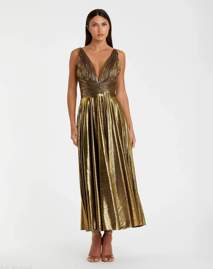 Mac Duggal 30761 Gold Sleeveless V Neck Pleated Top Metallic Dress