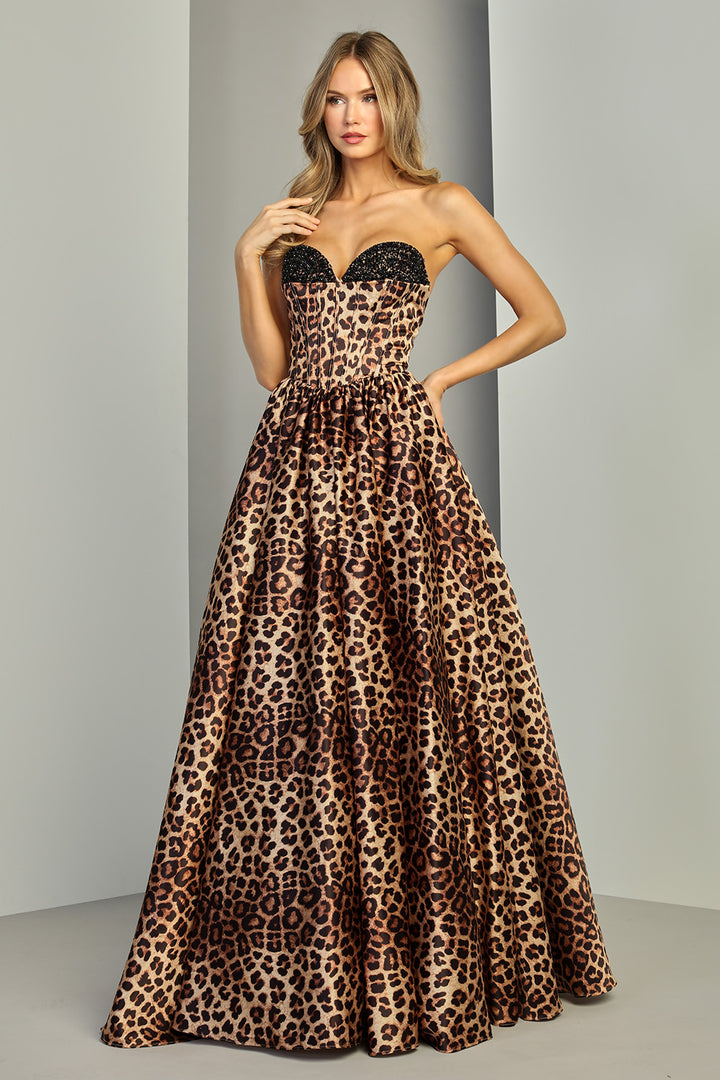Adora 3421 leopard print strapless ballgown prom dress front view, alternate pose