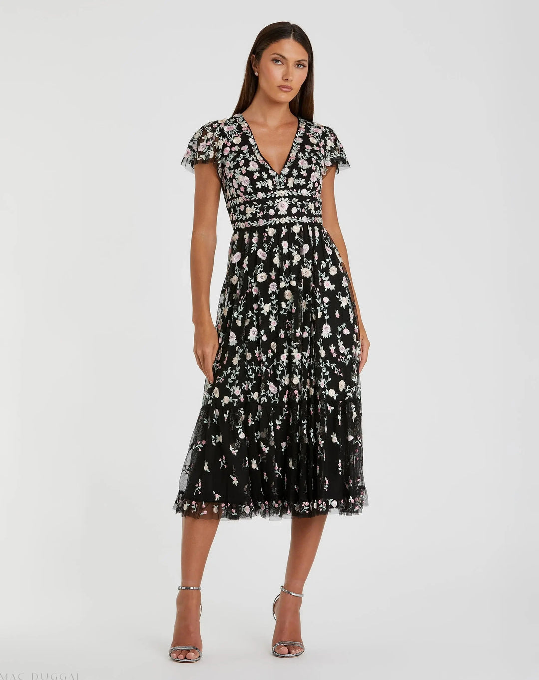 Mac Duggal 35104 Black Multicolor Embroidered V Neck Cap Sleeve Midi Dress