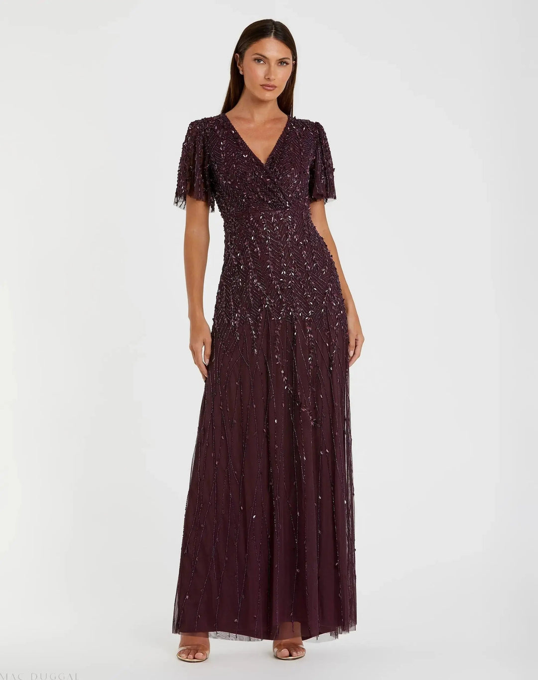 Mac Duggal 35109 Purple Embellished Flutter Sleeve Gown