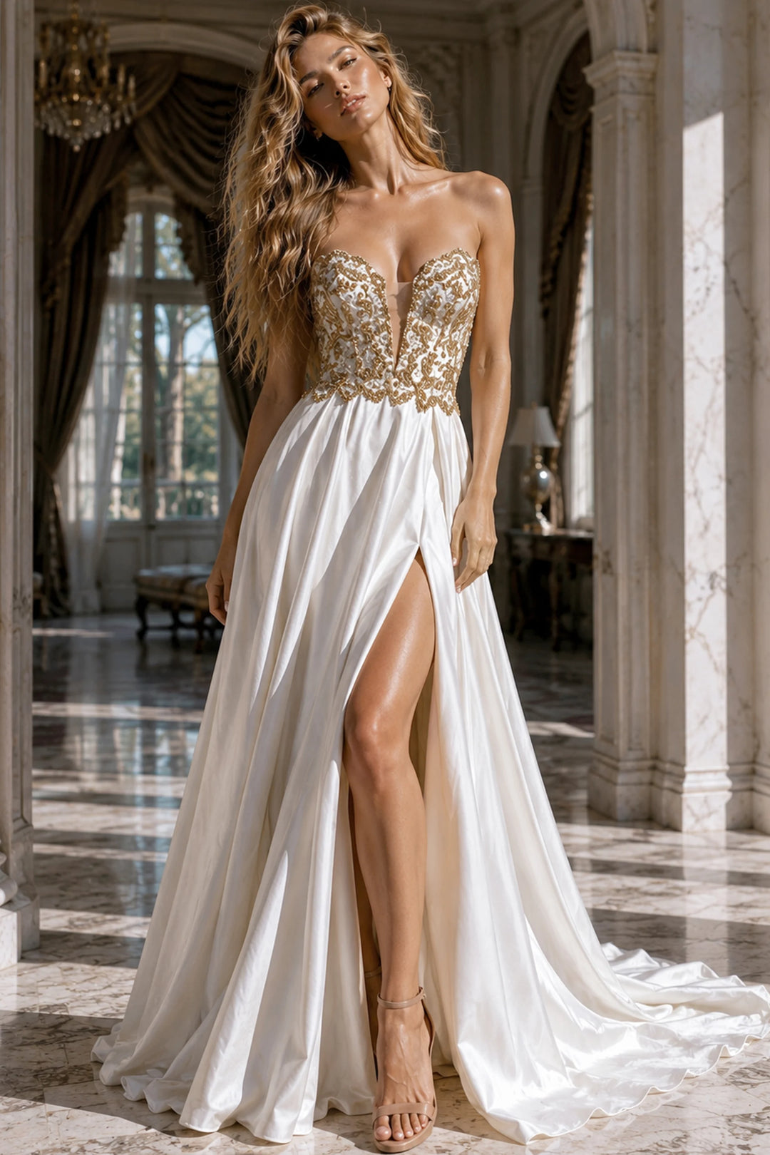 Jovani 36700 Satin Gown with Gold Beaded Bodice and Slit