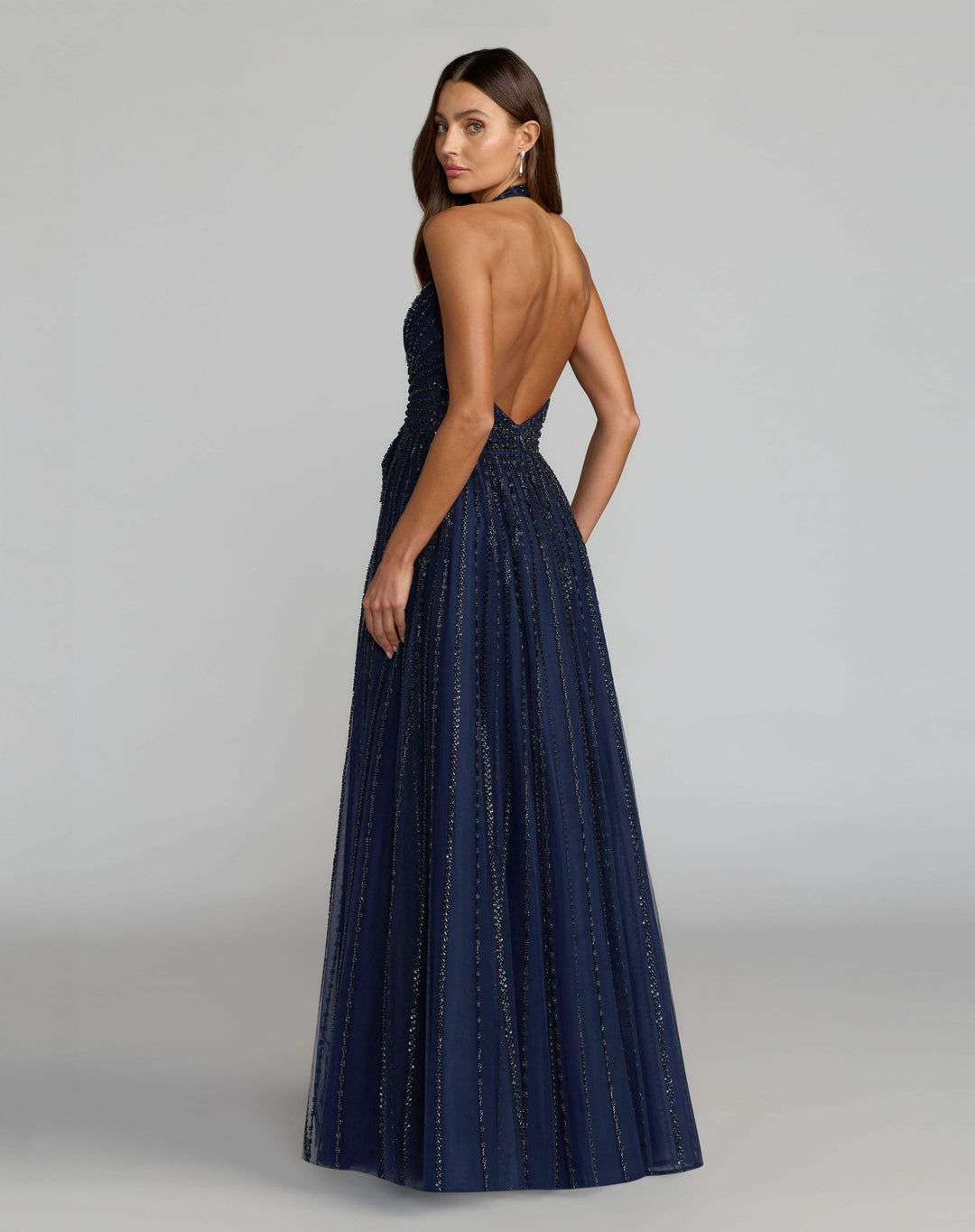 Mac Duggal 37120 Navy Beaded Halter Neck Open Back A-Line Gown