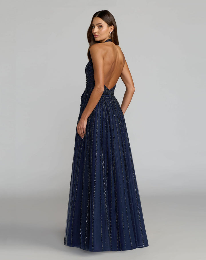 Mac Duggal 37120 Navy Beaded Halter Neck Open Back A-Line Gown