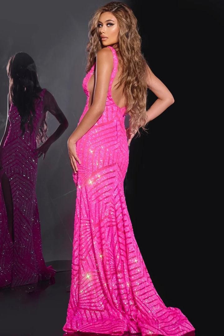 Jovani 38053 V-Neck Sleeveless Gown with High Slit and Sequins - FOSTANI.com