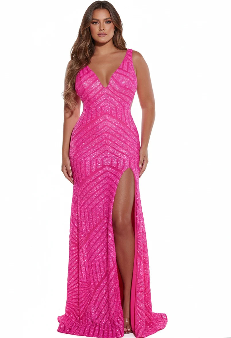 Jovani 38053 V-Neck Sleeveless Gown with High Slit and Sequins - FOSTANI.com