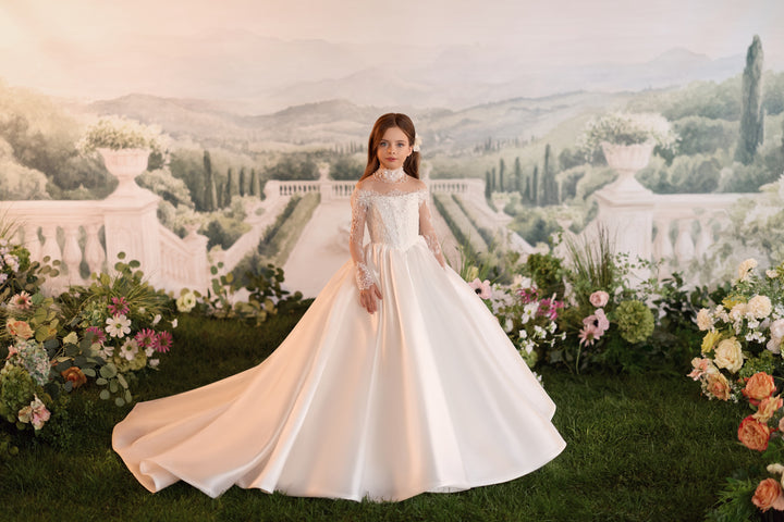 Pentelei 3901 Beaded Illusion Long-Sleeve Kids Ball Gown