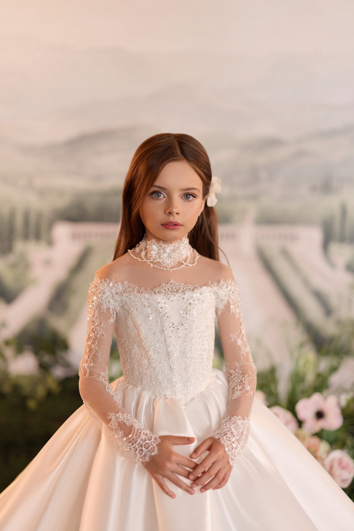 Pentelei 3901 Beaded Illusion Long-Sleeve Kids Ball Gown