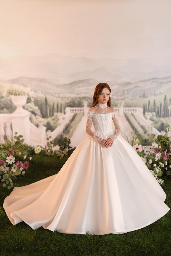 Pentelei 3901 Beaded Illusion Long-Sleeve Kids Ball Gown