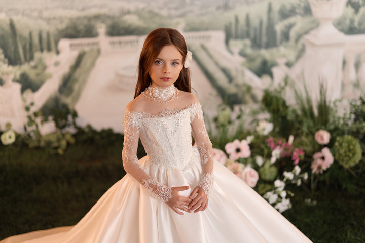 Pentelei 3901 Beaded Illusion Long-Sleeve Kids Ball Gown