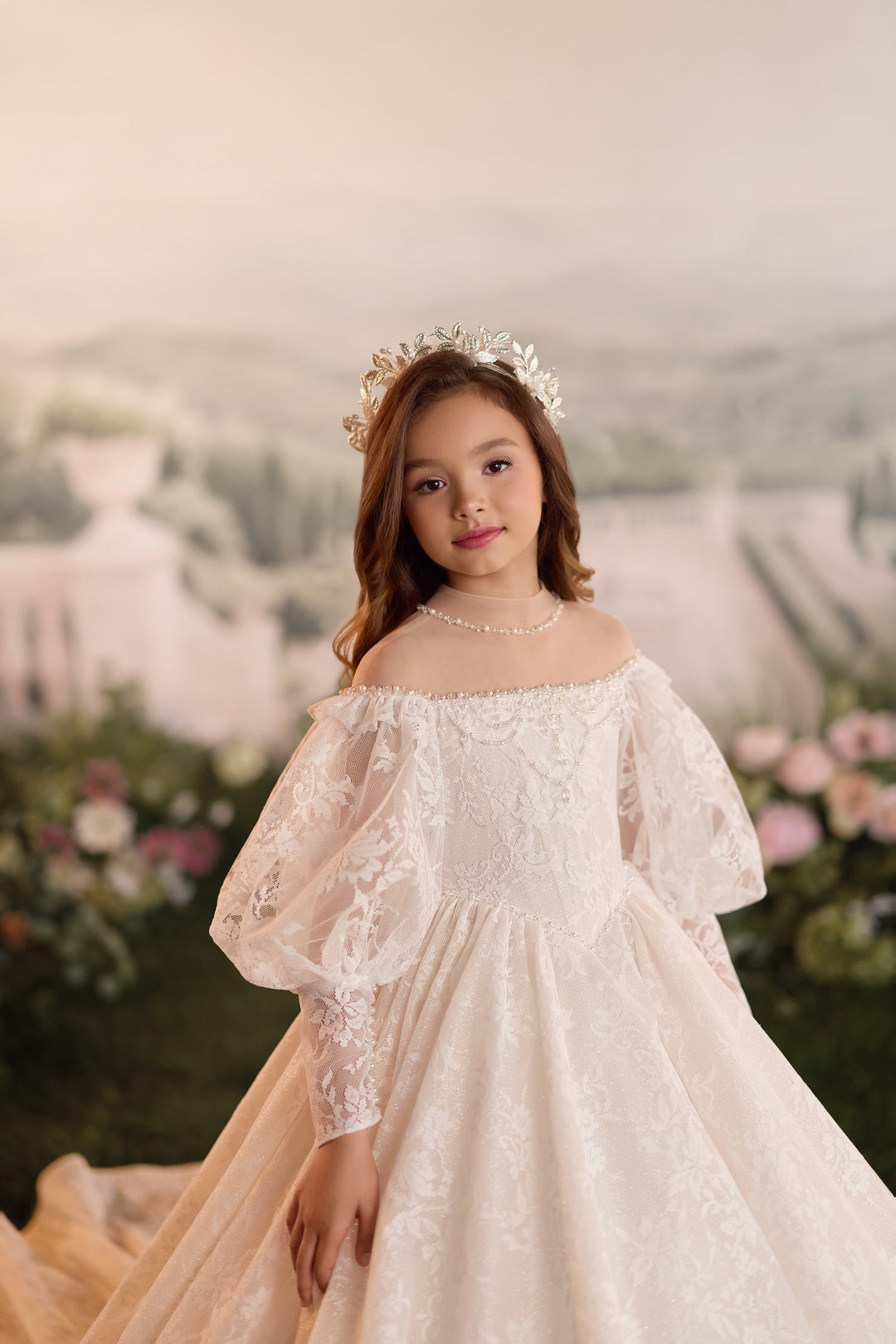 Pentelei 3902 Pearl-Beaded Lace Puff Sleeve Kids Ball Gown