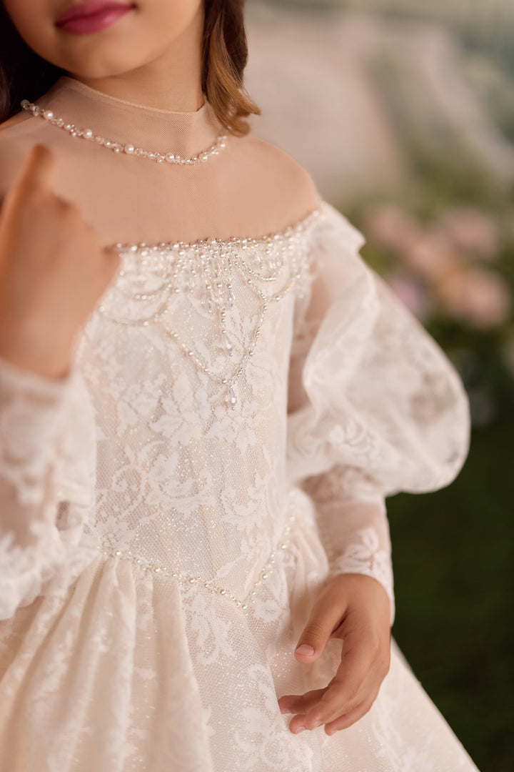 Pentelei 3902 Pearl-Beaded Lace Puff Sleeve Kids Ball Gown