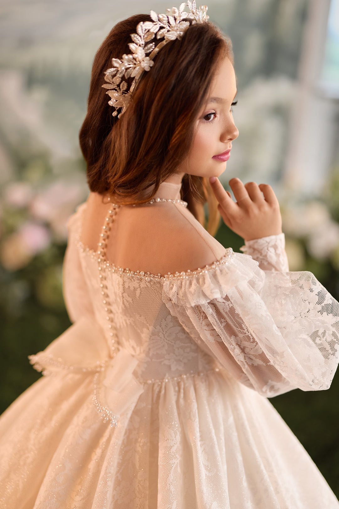 Pentelei 3902 Pearl-Beaded Lace Puff Sleeve Kids Ball Gown