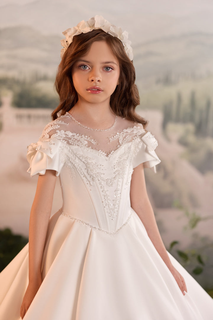 Pentelei 3907 Beaded Puff Sleeve Bow Kids Ball Gown