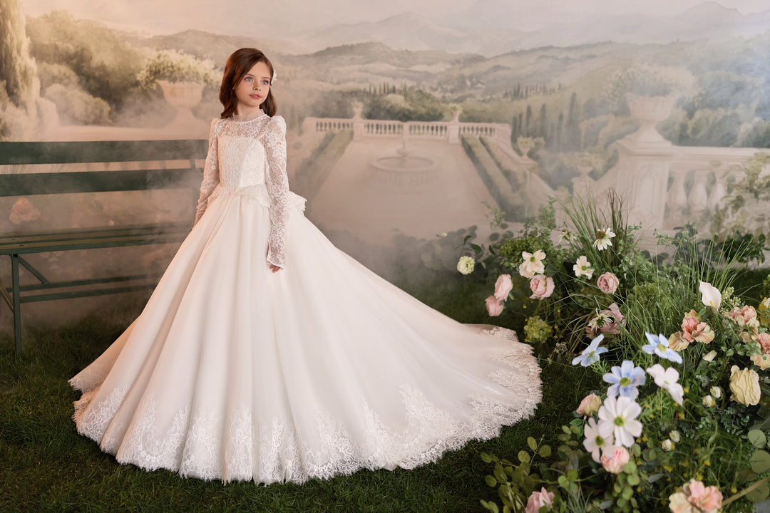 Pentelei 3915 Beaded Lace Tassel Sleeve Kids Ball Gown