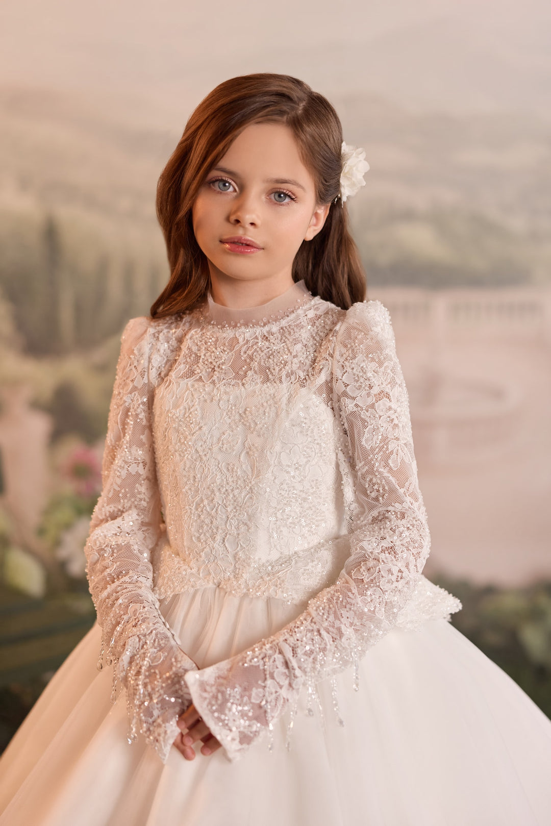 Pentelei 3915 Beaded Lace Tassel Sleeve Kids Ball Gown