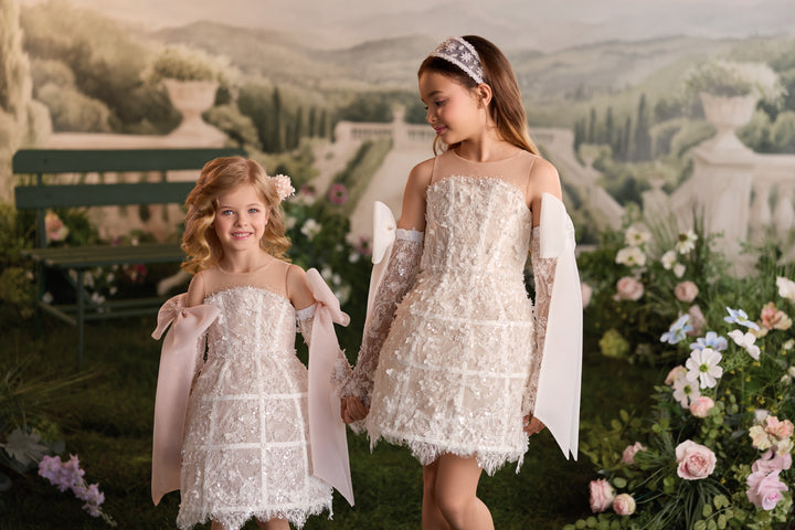Pentelei 3920 Sequined Lace Bow Sleeve – Ivory Kids Party Mini Dress