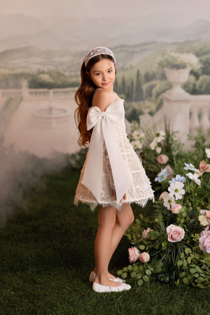 Pentelei 3920 Sequined Lace Bow Sleeve – Ivory Kids Party Mini Dress
