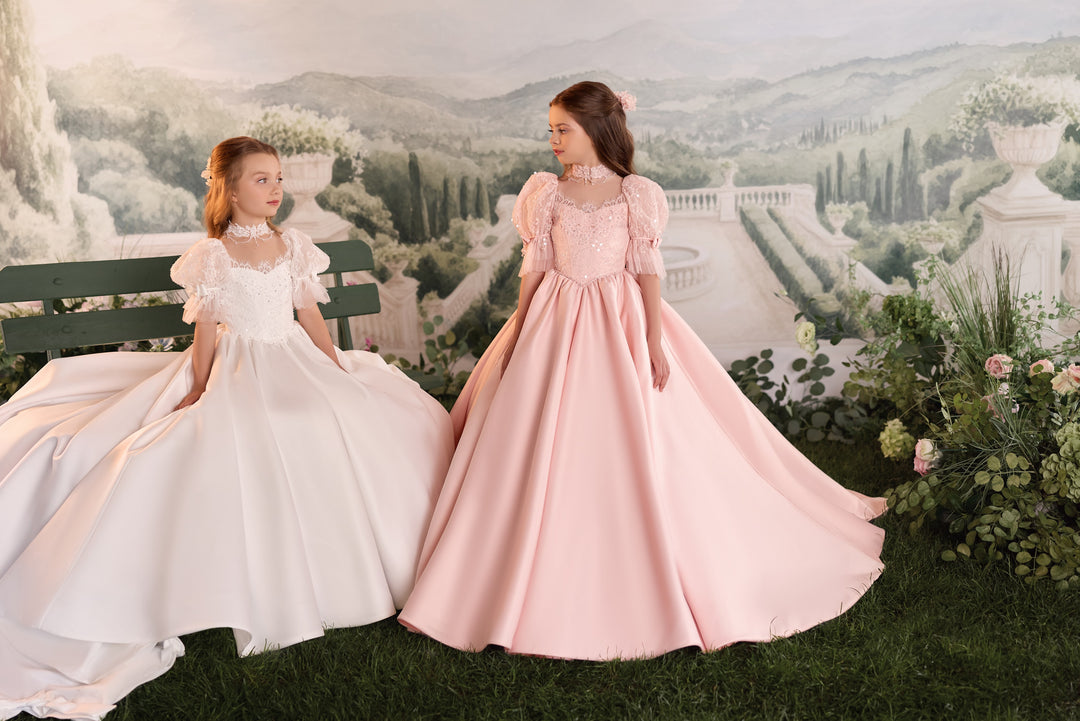 Pentelei 3921 Lace Puff-Sleeve Sequin Bodice Dress