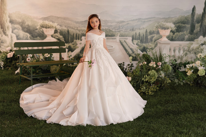 Pentelei 3928 Beaded Ruffle Train Kids Ball Gown
